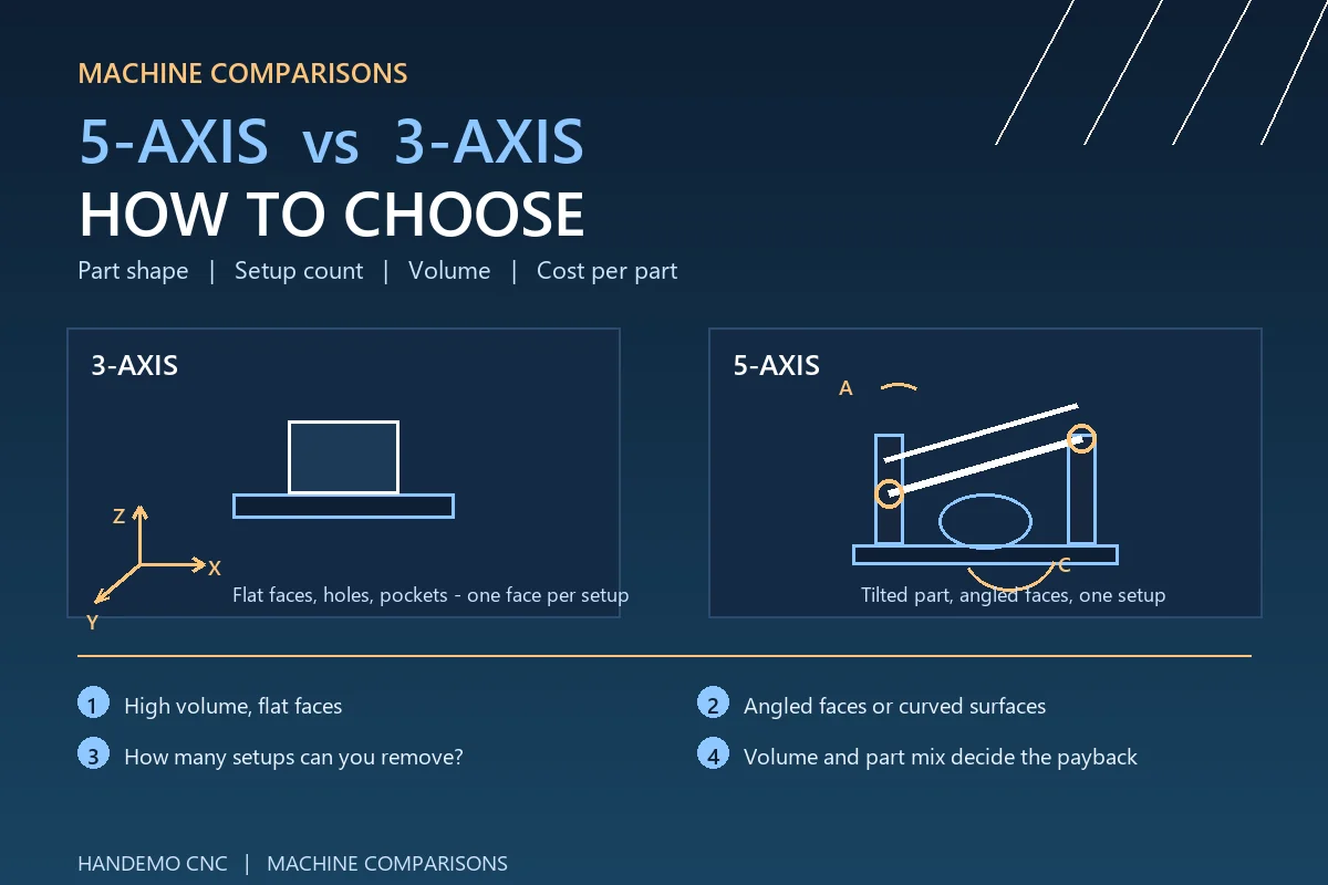 5-axis vs 3-axis machining centres compared - setup count, part shape and cost per part