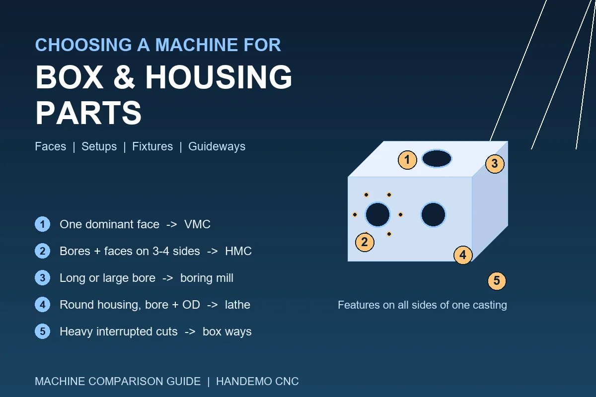 Choosing a machining center for box and housing parts - VMC, HMC and boring and milling machine compared on part geometry