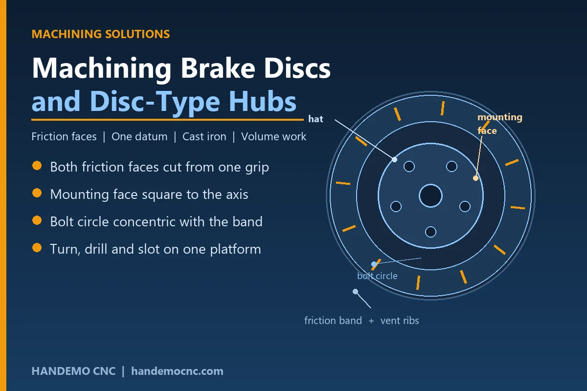 Brake disc machining - friction band, hat and mounting face turned from one datum