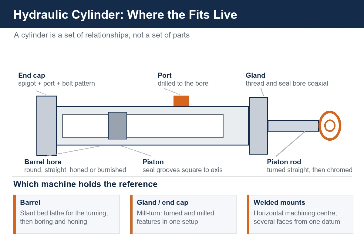 Hydraulic cylinder components - barrel, piston rod, gland, piston and end cap - and where each is machined