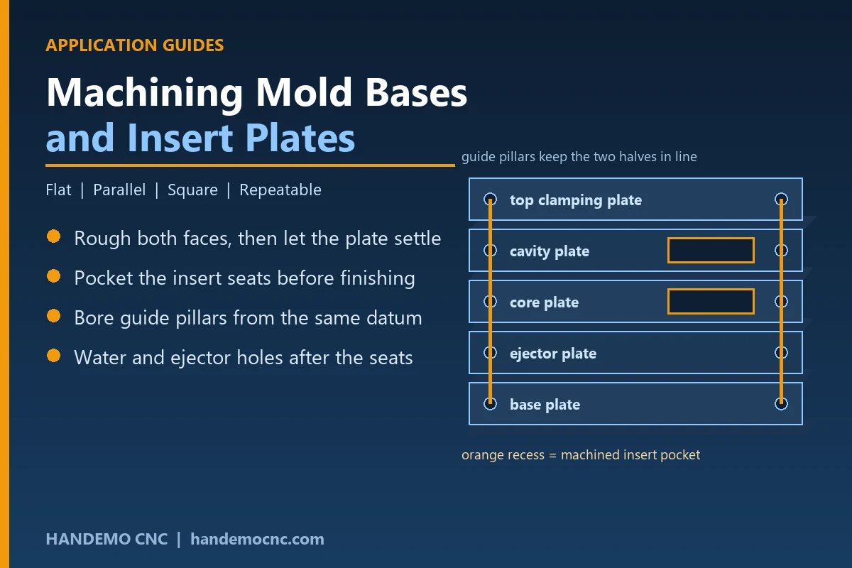 Mold base machining - stacked plates, insert pocket, guide bores and parting faces