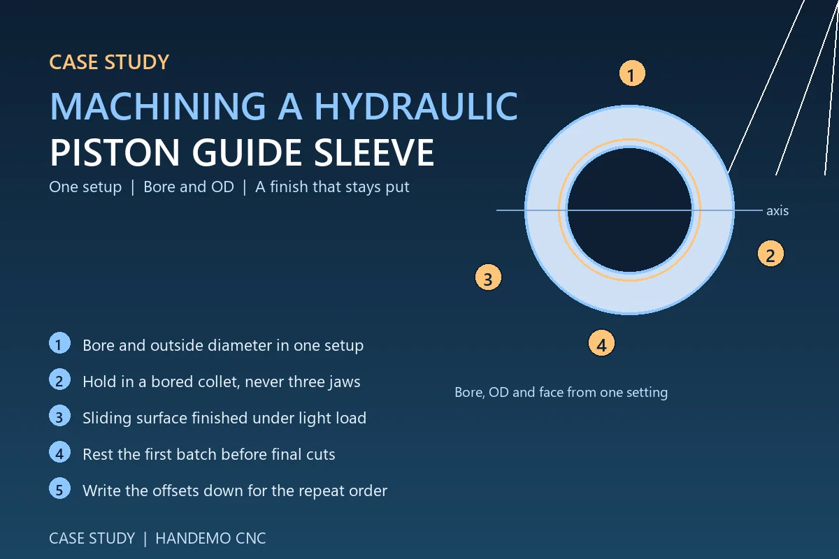 Machining a hydraulic piston guide sleeve - bore, outside diameter and shoulder face finished from one setting