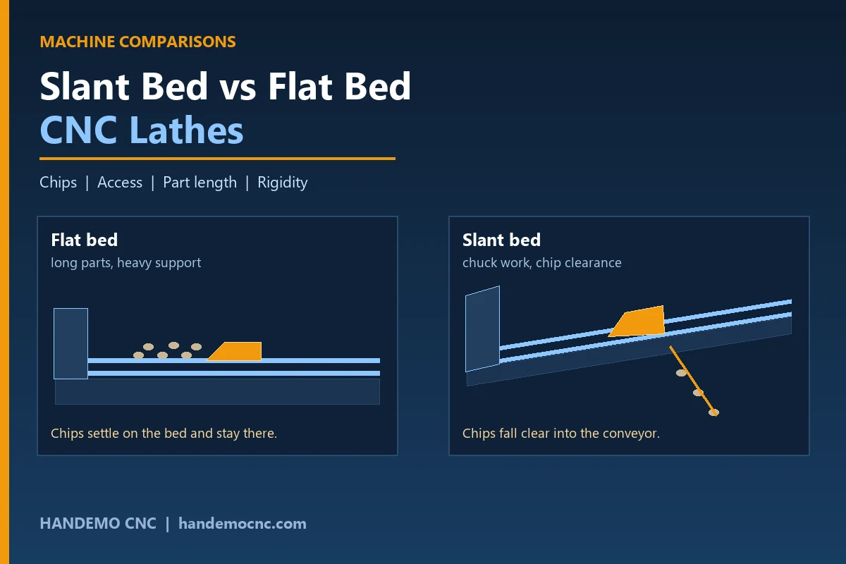 Slant bed and flat bed CNC lathe layouts compared - guideway angle and chip path