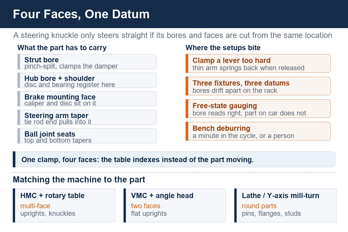 Steering knuckle machining - the surfaces that have to agree, and how to hold the part without distortion