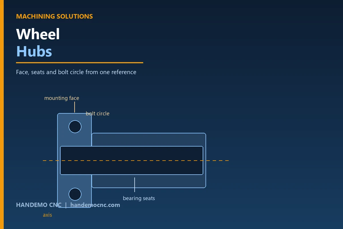 Wheel hub machining - mounting face, pilot diameter, bolt circle and bearing seats