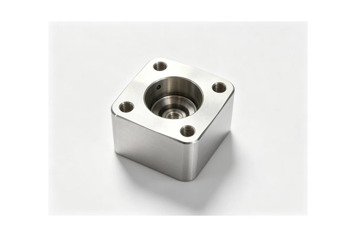 Machined rectangular block housing with a central bore and corner mounting holes