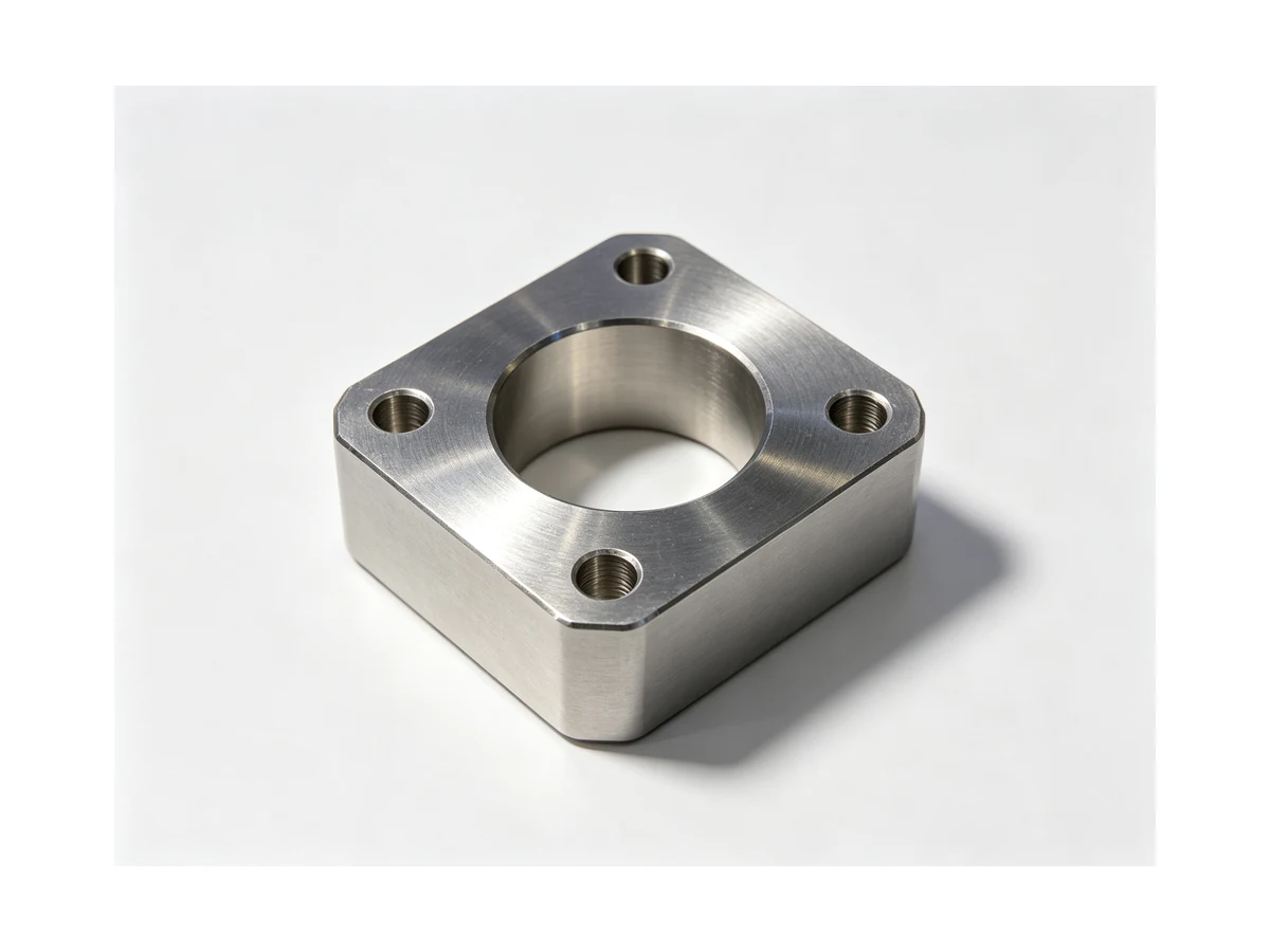 Machined square housing with a large central bore and four corner mounting holes