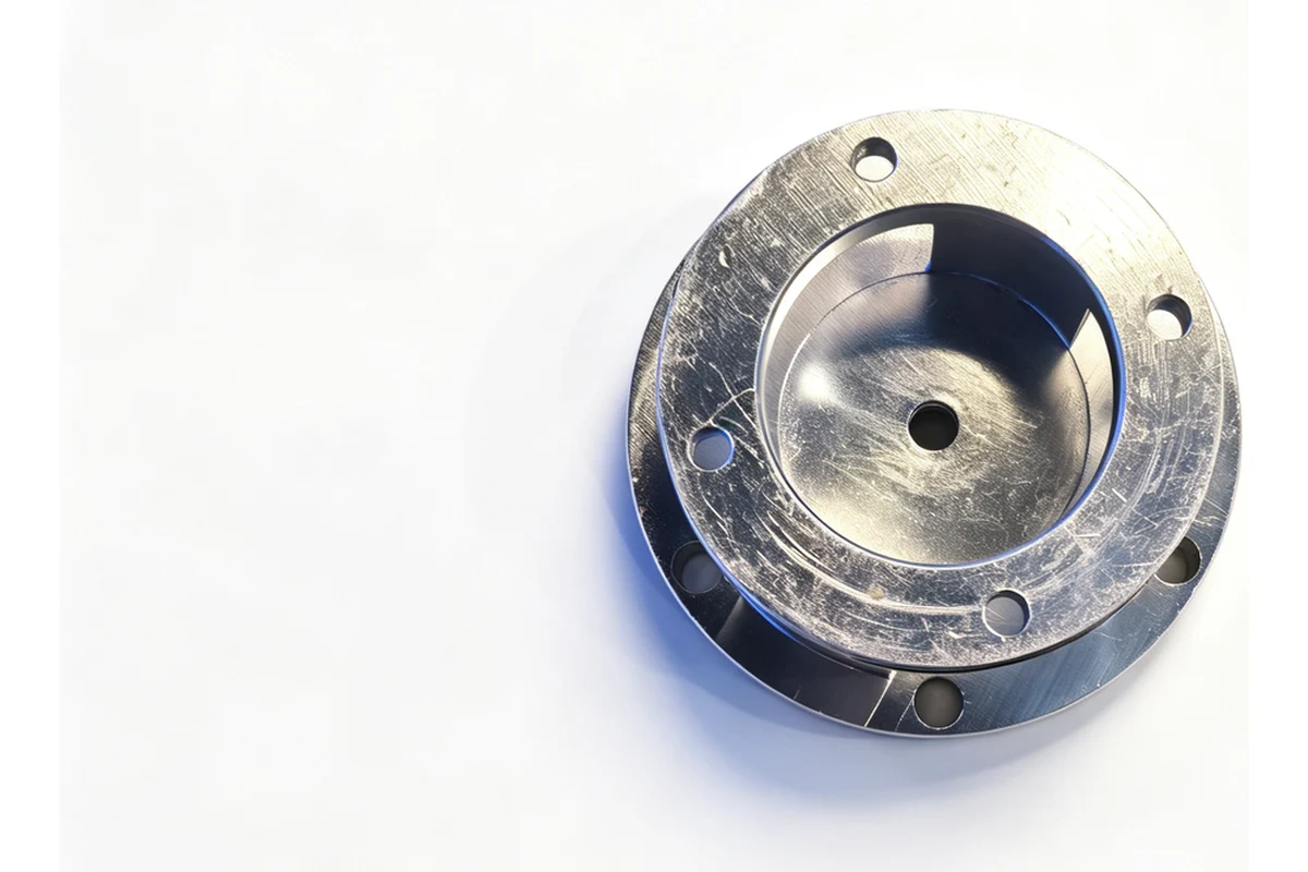 Flange end cover with drilled bolt circle and stepped centre, machined on a horizontal platform