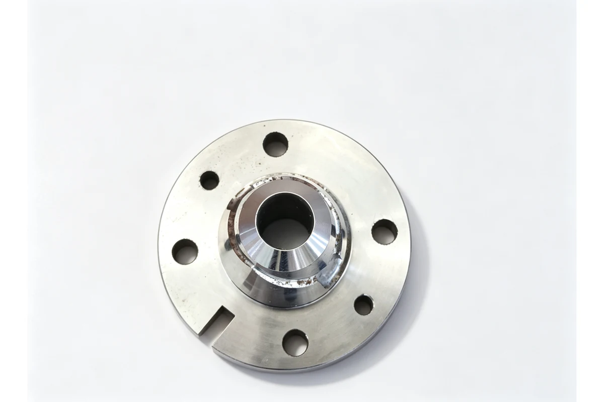 Machined flange end cover with bolt circle and centre recess finished in the same clamp