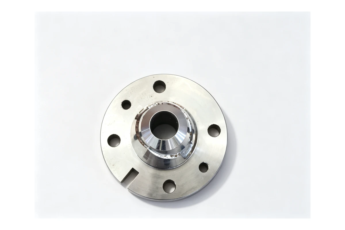 Machined flanged hub with a central bore, a keyway and a circle of bolt holes, of the type used as a coupling or taper lock hub