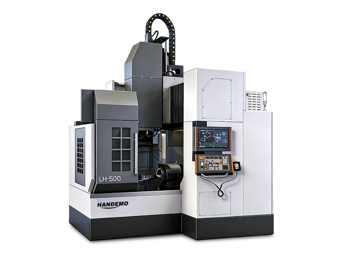 Bridge-type gantry machining center with a rotary table and the spindle carried on an overhead cross beam