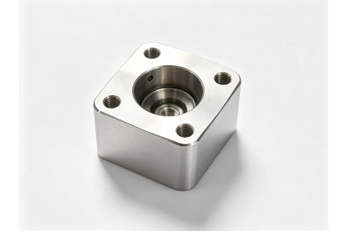 Machined square flange mount with four corner bolt holes and a stepped centre bore