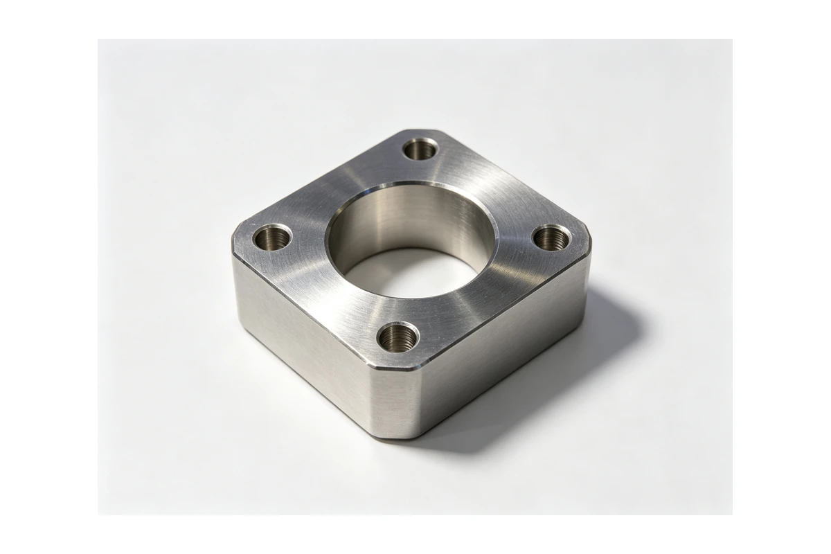 Machined steel block with a bored centre and four tapped corner holes, typical of a mounting pad on a welded frame