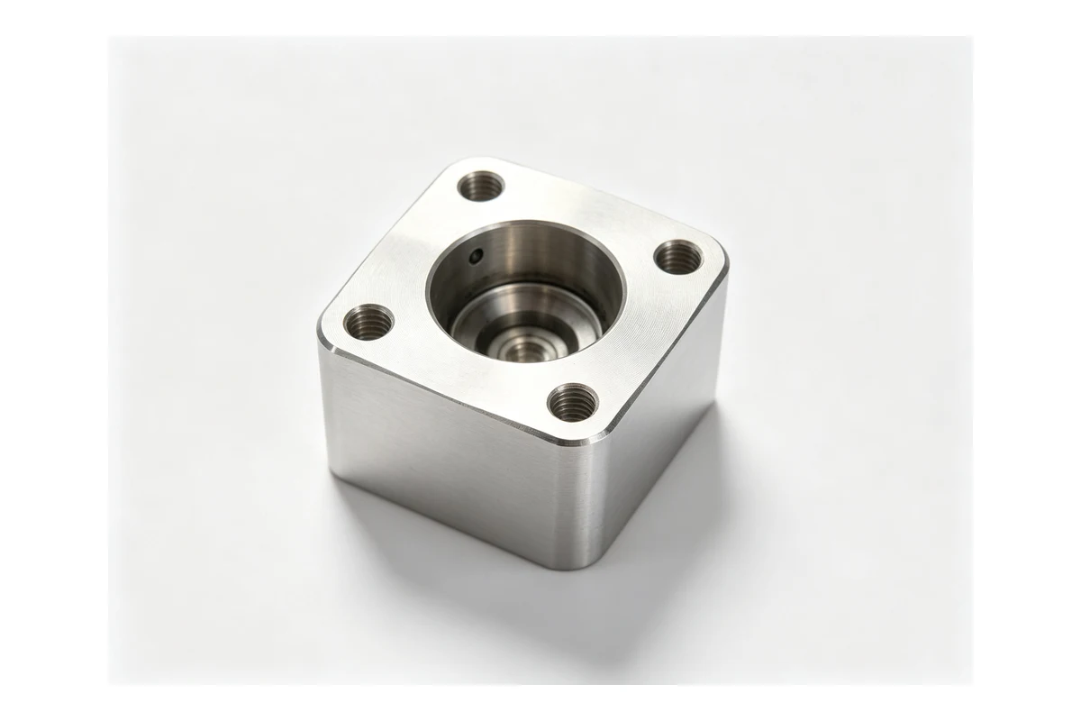 Machined stainless square block with a central bore and four mounting holes for a packaging machine