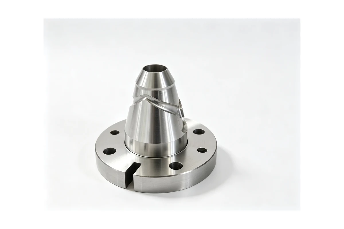 Turned flange with a tapered hub, a bolt circle and a keyway slot on a white background