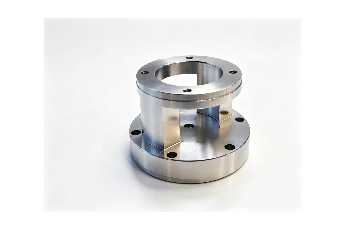 Machined steel bearing housing with a bored centre and a ring of bolt holes on a white background