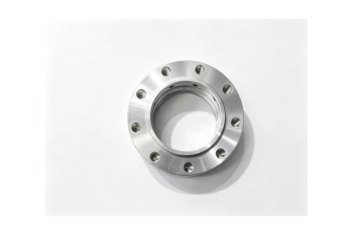 Machined flange ring with a bored centre and a ring of bolt holes on a white background